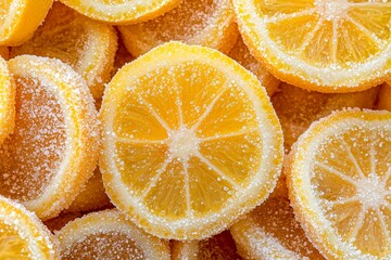 Close-Up of Candied Lemon Slices, Shiny and Textured with Caramelized Edges, Bursting with Vibrant Citrus Color. Great for Citrus Photography, Dessert Ads, or Recipe Books