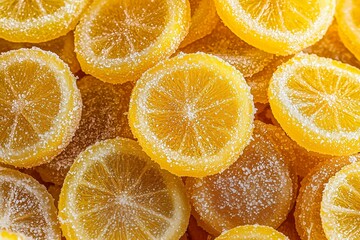 Close-Up of Glazed Lemon Slices with Sugary Crust, Highlighting Zesty Citrus Aroma and Glossy Finish. Suitable for Food Magazine Covers, Citrus Recipes, or Restaurant Promotions