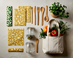 A vibrant kitchen preparation with fresh ingredients, eco-friendly utensils, and charming containers for a delightful cooking adventure