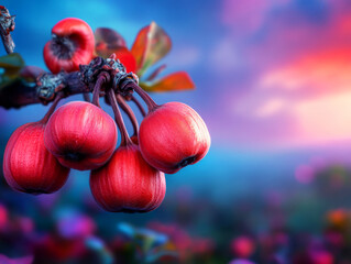 Close-up of Vibrant Red Fruits Hanging from a Branch Against a Dreamy Pastel Background in Nature's Garden at Sunset, Showcasing Vivid Colors and Soft Focus