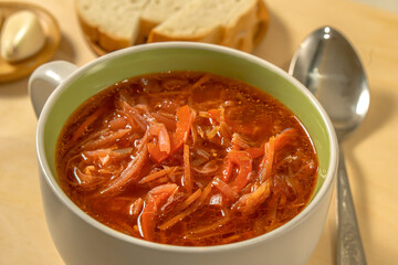 Vegetable soup without meat. Cabbage soup. Borsch. Close-up