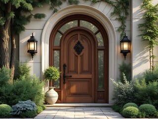 Beautiful wooden door of a house, ark shape at the top, green plant at the side