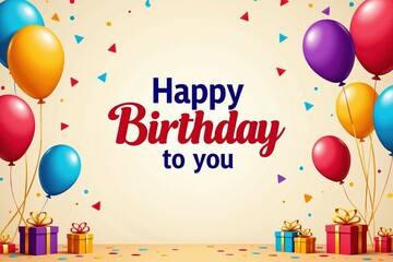 Colorful birthday celebration with balloons, gifts, and confetti on vibrant background.