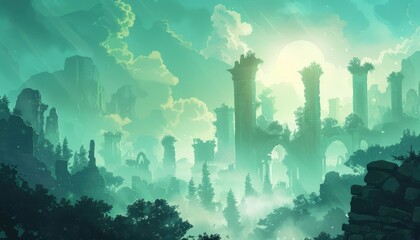 Ancient Stone Ruins Enveloped in Mist and Sunlight