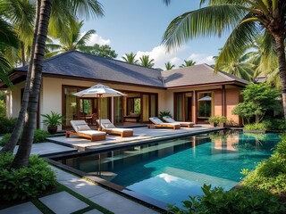 Fototapeta premium Beautiful and luxury Bali villa resort with private pool for a short getaway, vacation and relax. Escape the hustle and bustle of the city