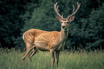 Obraz premium A lone deer grazes in a sun-drenched forest clearing.. Beautiful simple AI generated image