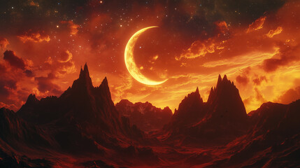 Majestic desert landscape with towering, jagged red rock formations under a vibrant, dusky sky with a crescent moon. Illustration, generative art, digital art.