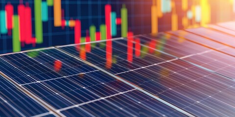 Solar Panels with Financial Market Graph Overlay, Representing Renewable Energy Investment and Growth in the Sustainable Technology Sector