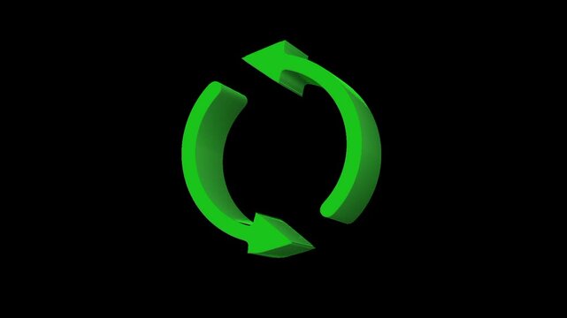 Refresh animation icon. 3D animated recycling icon. Green arrow icon on black background. Environmental animation.