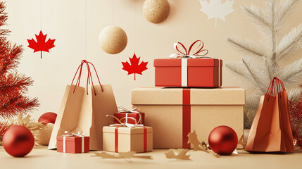 Beautiful Canadian Boxing Day setup featuring gift boxes adorned with maple leaves and festive decorations for a cozy celebration