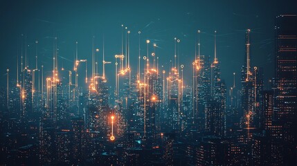 Fototapeta premium Futuristic City Skyline with AI Powered Neural Network Structures and Glowing Pathways