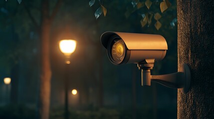 Security camera, night vision. A security camera mounted on a tree, watching over a dimly lit park at night, creating a sense of surveillance and safety.