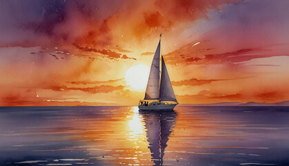 Fototapeta premium A serene watercolor painting of a boat sailing on a calm sea during vibrant sunset. The sky is filled with warm hues of orange, pink, and purple, reflecting off the water, casting a golden glow.