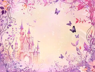 Fairy Tale Themed Frame with Castle Turrets Vines and Butterflies on Soft Pink and Purple Background