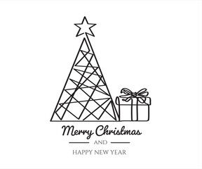 Continuous one line line drawing of xmas tree and gift. Merry Christmas concept	