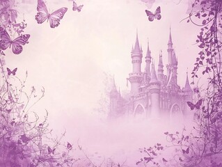 Fairy tale Themed Frame with Castle Turrets  Vines  and Butterflies Surrounding a Soft Pink and Purple Background
