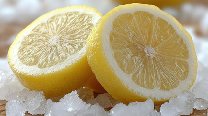 Fresh lemon halves on ice, showcasing their juicy texture and vibrant color. Perfect for culinary uses or refreshing beverages