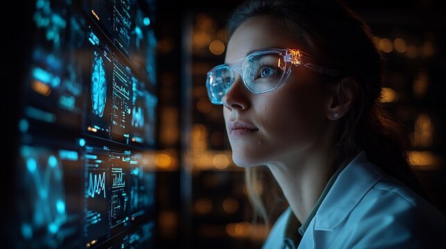 Doctor tracking health trends glowing AIpowered screens visual analytics and predictive care models