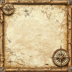 Vintage Compass and Map Frame with Old World Elements on Textured Parchment Style Background