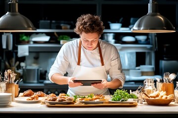 Chef perfecting culinary presentation in modern kitchen with digital tablet