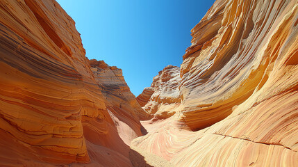 Brightly colored layered cliffs inside a canyon with clear blue skies above during midday sunshine