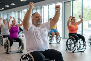 Inclusive fitness class: enthusiastic participants in wheelchair exercise session