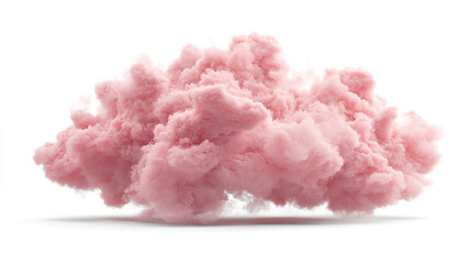 A soft pink cloud with detailed fluffy textures suspended against a white background, creating a dreamy, surreal atmosphere.

