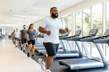 Diverse group exercising on treadmills in modern gym with natural light