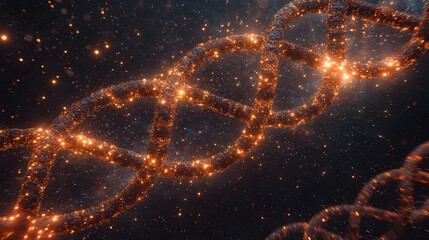 Spiral of Blue DNA double helix with light bokeh and bubble on beautiful blue background.