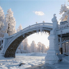 Fototapeta premium Snowy bridge in ice.