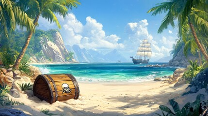 Fototapeta premium Digital Illustration of a Pirate Chest on a Tropical Beach with Palm Trees, Ship, and Mountain Range Theme.
