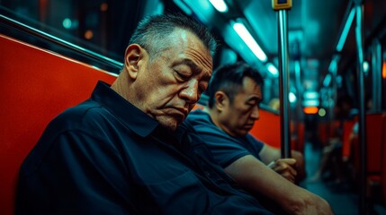 Fototapeta premium People traveling on public transport tired, sleepless and stuffy