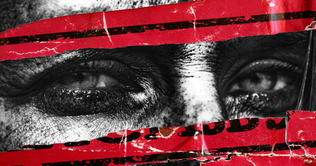 Old ripped torn blank grunge posters backgrounds creased crumpled paper backdrop surface placard woman close-up eyes