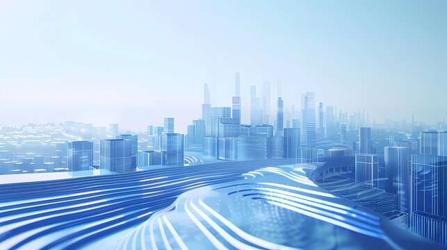 Digital technology Blue and white future city glass building poster background