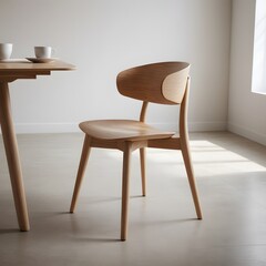 A Modern Minimalist Light Oak Wooden Chair in a Bright Room with a Wooden Table and Cups, showcasing Scandinavian Design Aesthetics