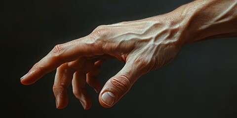 Fototapeta premium A Detailed Close-Up of a Human Hand Reaching out Against a Dark Background, Showcasing the Textures and Veins of the Skin in Natural Light