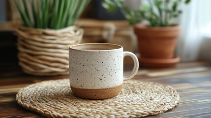 A speckled white ceramic mug with a brown rim sits on a woven placemat, perfect for enjoying a warm beverage on a cozy morning.