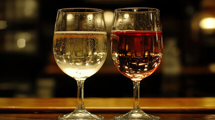 glass of white wine and glass of red wine on wooden table, reflecting warm light. Perfect for cozy evening or celebration