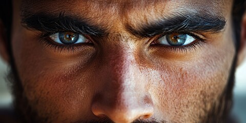 Naklejka premium A Close-Up Portrait of a Man With Piercing Blue-Green Eyes and Strong Facial Features, Captured Outdoors in Natural Light During the Day