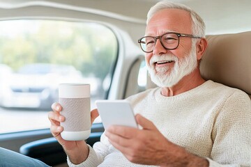 Senior man enjoying technology with smartphone and smart speaker in car