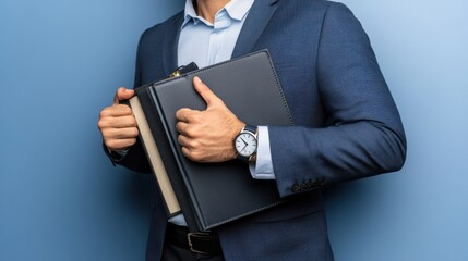 Professional man in a suit holding a binder against a blue backdrop.