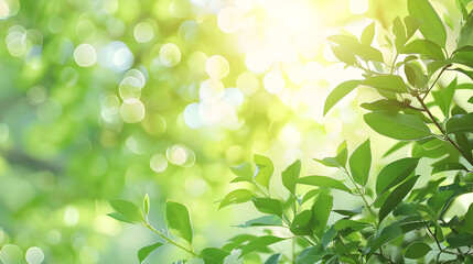 Fototapeta premium Sunbeams pierce through a canopy of lush green leaves, creating a warm and inviting natural scene