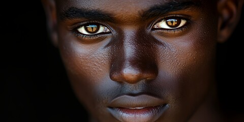A Young Man With Strikingly Vivid Eyes Gazes Directly at the Camera in a Dimly Lit Setting, Showcasing His Captivating Gaze and Unique Features