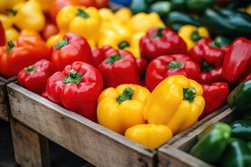Colorful bell peppers displayed in wooden crate