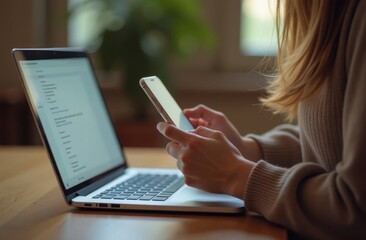 A young female freelancer holds a mobile phone in her hands, uses a smartphone. A laptop is nearby. The concept of business, wireless technologies. Text input, online payment. Startup support.