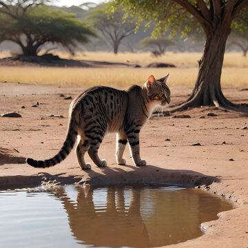 A Serene African Wildcat by a Waterhole:  Sun-Drenched Savannah Landscape Featuring a Striking Sand Cat in its Natural Habitat, Exhibiting its Grace and Beauty under the Warm Light of Day
