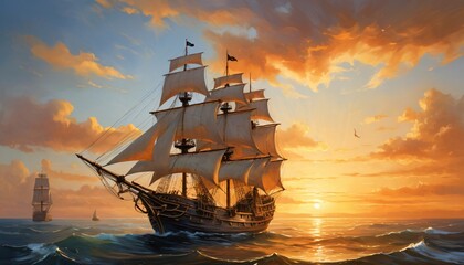 Obraz premium The sun is lowering in the background as a big ship navigates the sea. Landscape paintings of the sea.
