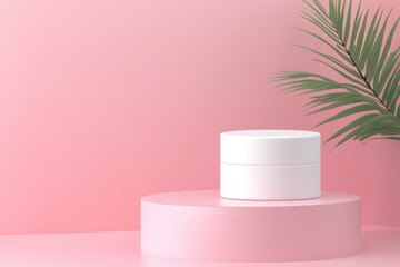 Pink Background White Jar Product Display Palm Leaf