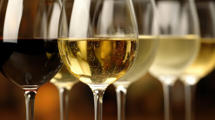 Many glasses of different wine varieties in row on table, showcasing red, white, and sparkling wines. Perfect for wine tasting events or gatherings