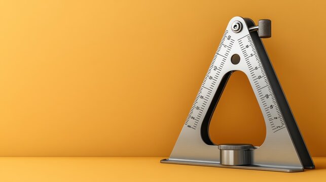 A metallic protractor placed against a vibrant orange background.